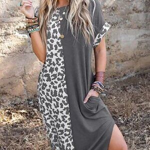 NEW LEOPARD GRAY SOLID T-SHIRT DRESS CASUAL COMFY POCKETS